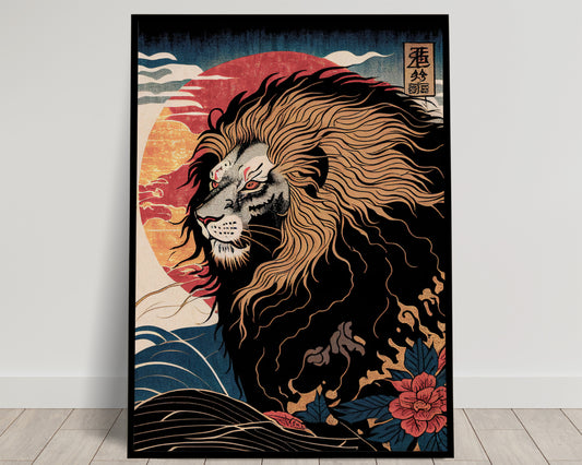 Poster Lion, Illustration art japonais, Impression Ukiyo-e, Affiche murale décorative Lion, Art mural Japonais