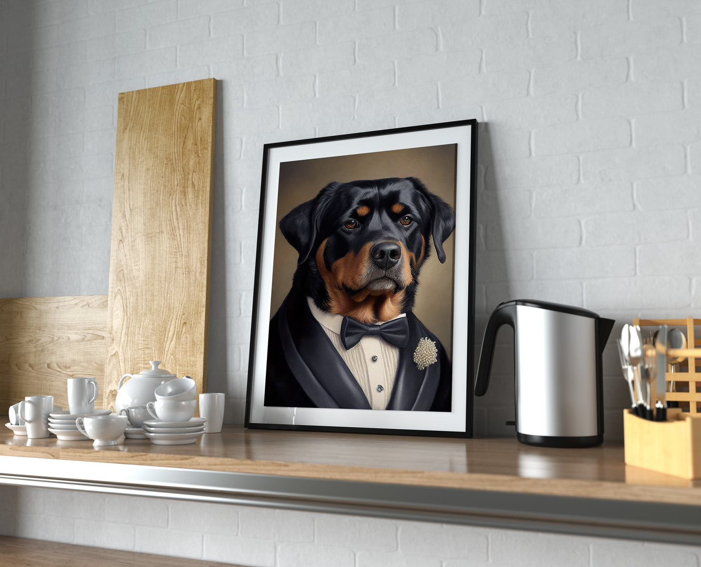 Rottweiler in Tuxedo Poster - Chic Wall Art Print, Humorous Dog Painting for Home Decor