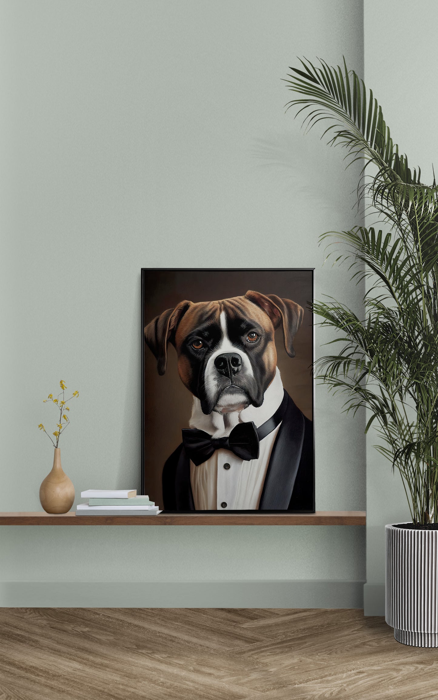 Poster de Chien Boxer en Smoking - Décoration Murale Animale Élégante, Art Mural Boxeur