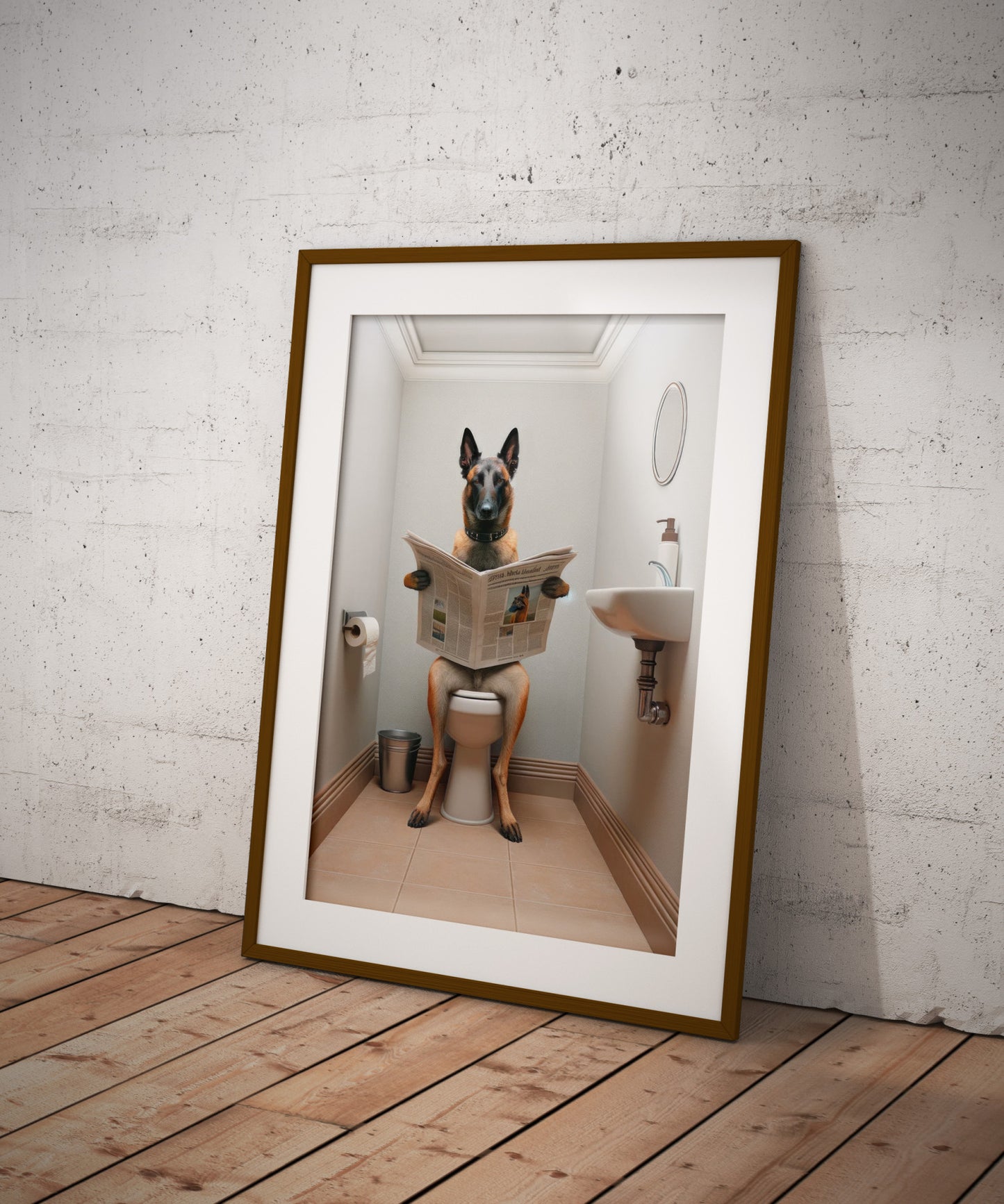 Belgian Malinois Dog Reading Newspaper Poster - Fun Bathroom Wall Art - WC Toilet Gag Gift - Belgian Shepherd Decor