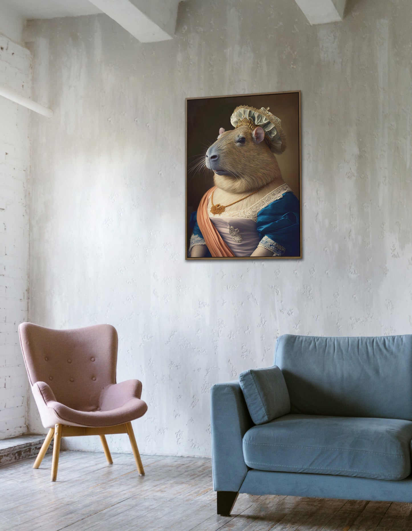 Affiche murale humoristique : Capybara en robe de Princesse baroque, Poster décoratif unique, Art mural fantaisiste