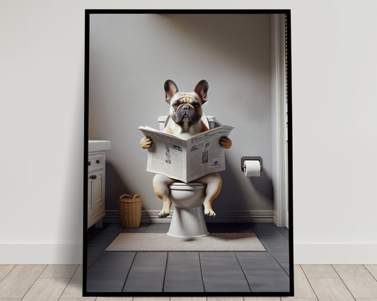 Poster Bouledogue Français lisant le journal sur les toilettes, Décoration Humour Salle de Bain, Cadre Fun, Cadeau Original