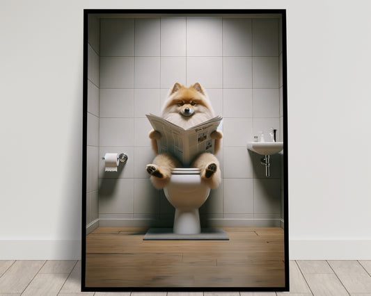 Poster Humoristique : Spitz Allemand Lisant sur les Toilettes | Décoration WC | Cadeau Original Salle de Bain