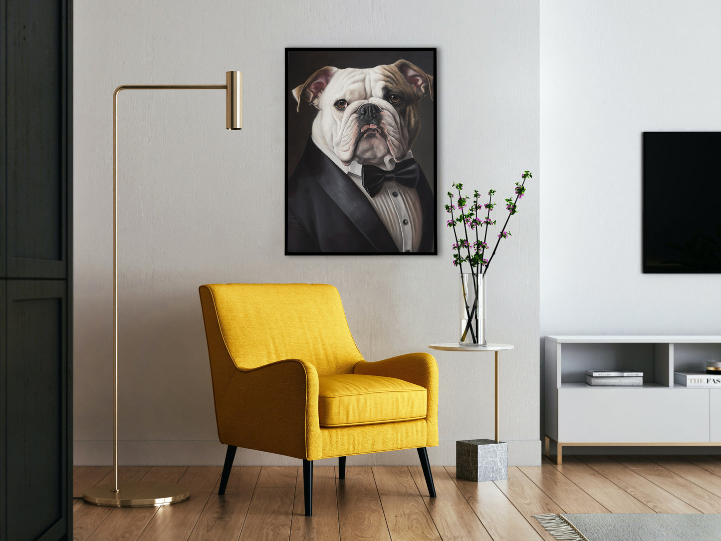 Poster Bulldog Anglais en Smoking | Art Mural Humour | Impression Bouledogue Tuxedo | Décoration Murale Chien Chic