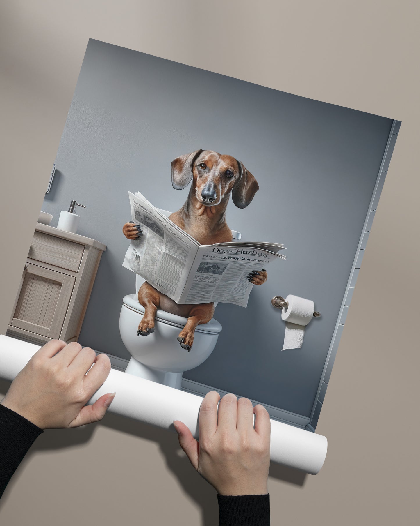 Funny Dachshund Reading Newspaper Poster - Unique Bathroom Wall Art - Perfect Gift for Toilet Decor