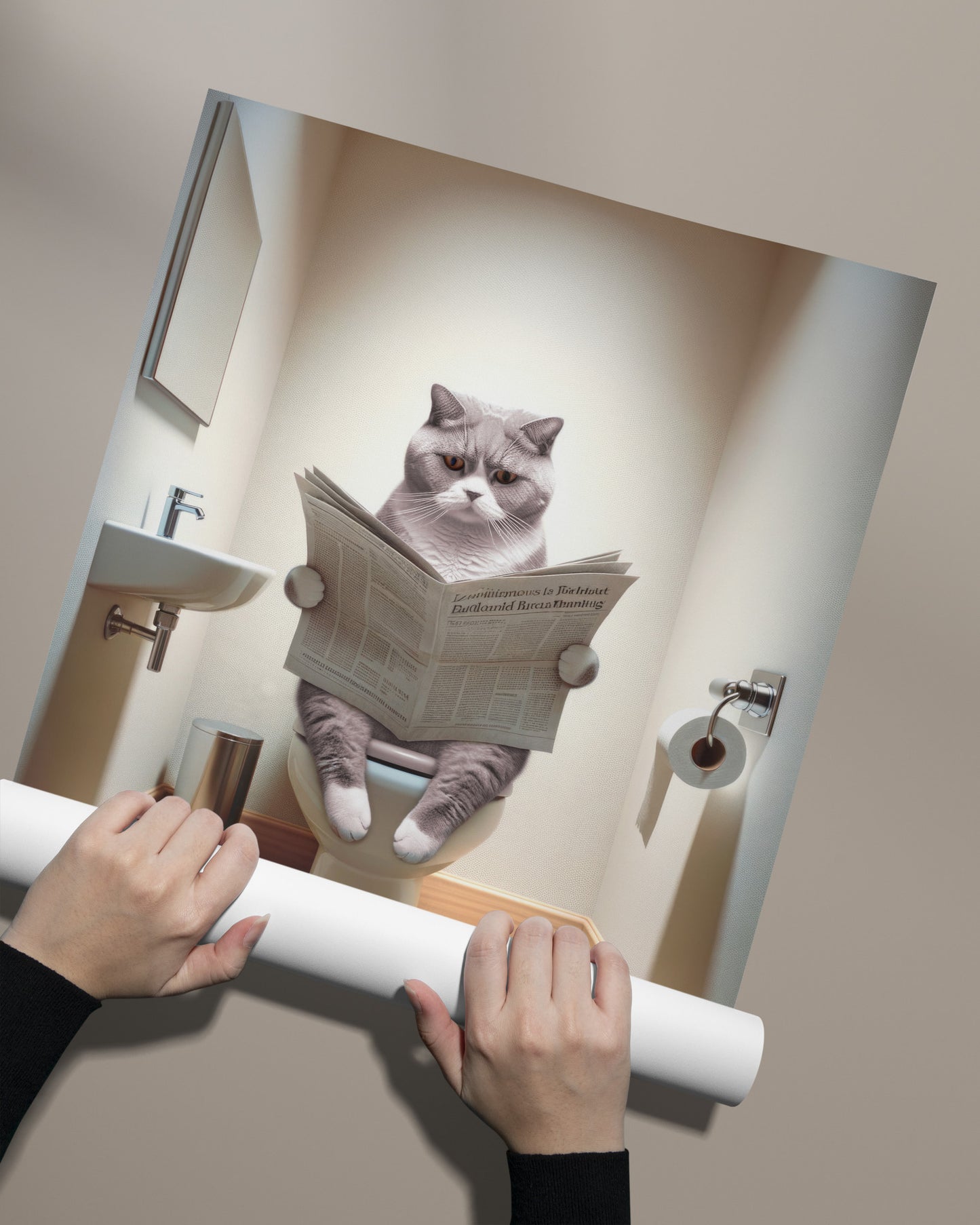 Poster of a British Shorthair Lilac White Cat on Toilet - Funny Bathroom Decor | Wall Art for Bathroom | WC Toilet Poster | Gag Gift