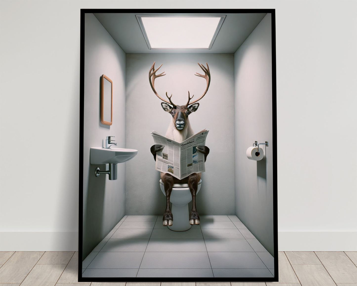 Poster Humoristique : Caribou Lisant le Journal aux Toilettes - Décoration Salle de Bain, Cadeau Amusant Art Mural