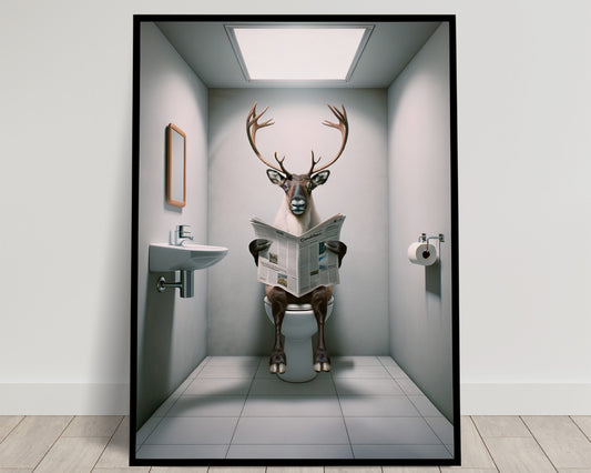 Reindeer Reading Newspaper on Toilet Poster - Funny Bathroom Wall Art & Unique Gag Gift for WC Decor