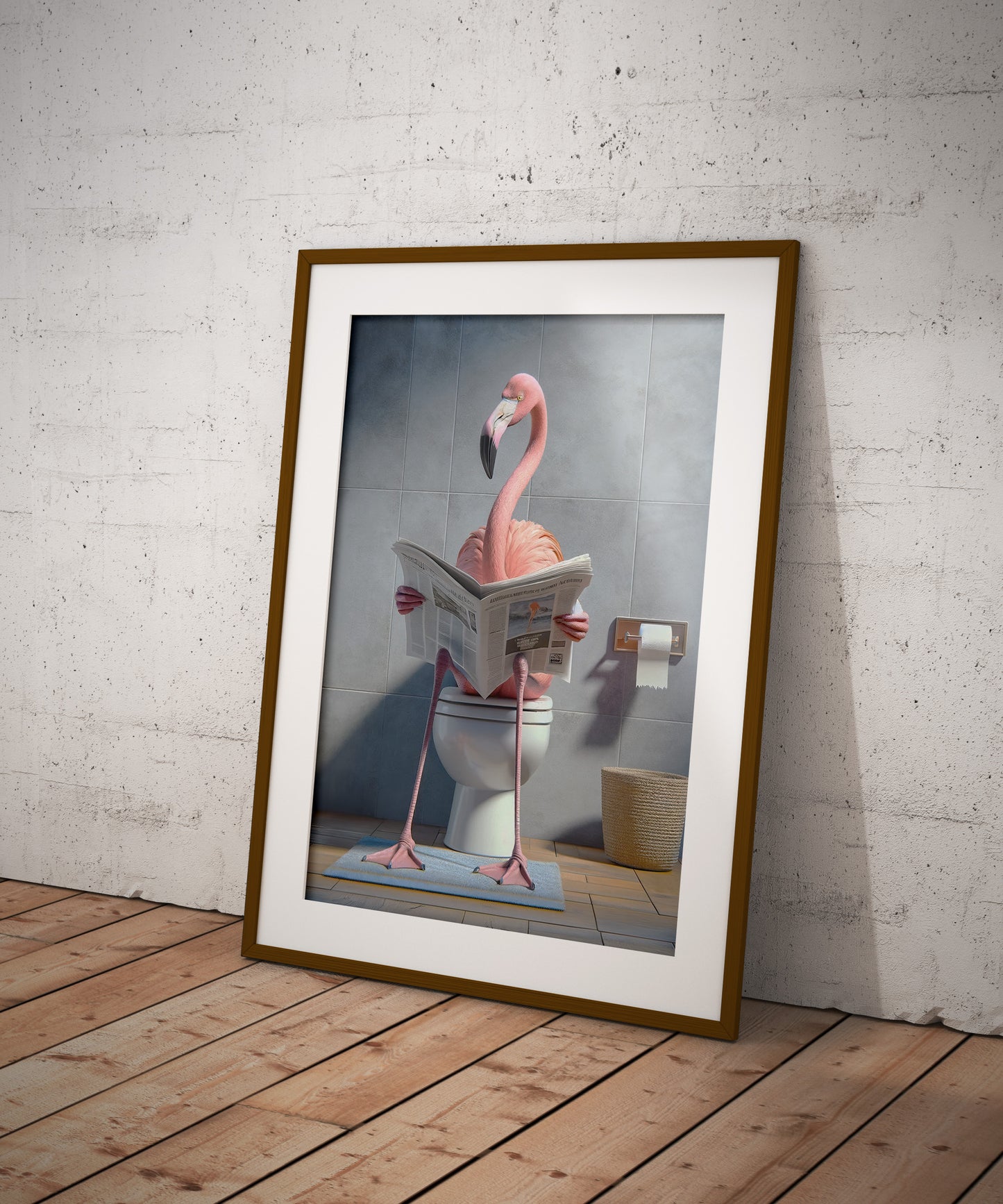 Poster Humour : Flamant Rose lisant le journal sur les toilettes, Décoration Salle de bain, Cadre WC, Cadeau Amusant