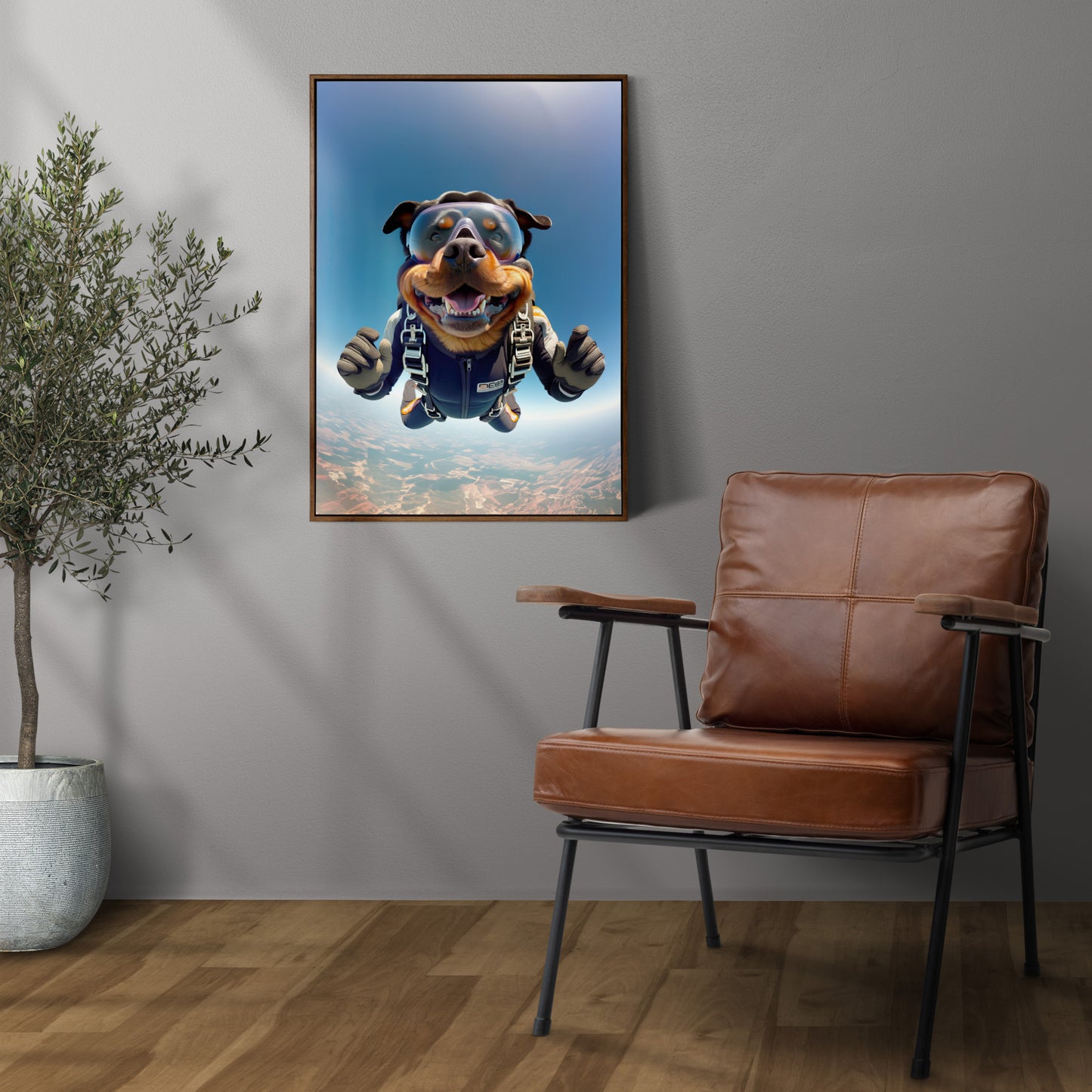 Poster Chien Rottweiler en Chute Libre - Affiche Murale Saut en Parachute - Décor Sport Extrême - Cadeau Unique