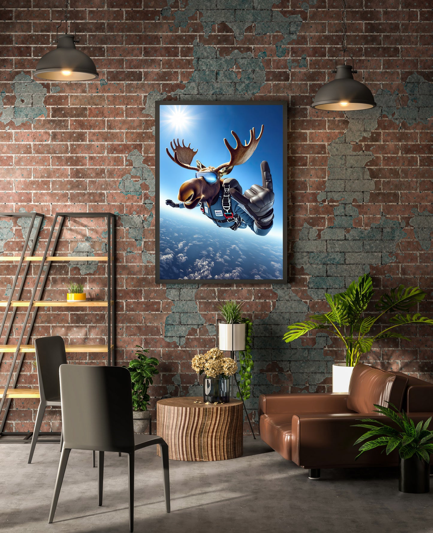 Epic Skydiving Moose Poster – Extreme Sport Animal Print Wall Art | Unique Animal Lover Gift Decor