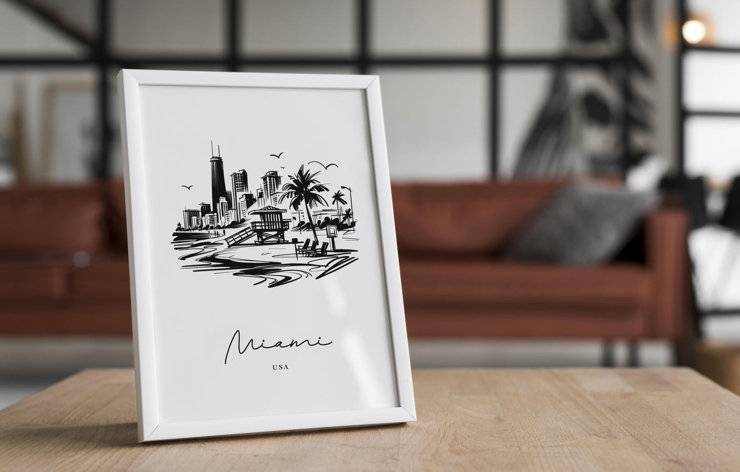 Miami Poster - Black and White Sketch of Landmarks | Living Room, Bedroom & Office Wall Art | Unique Travel Gift Decor