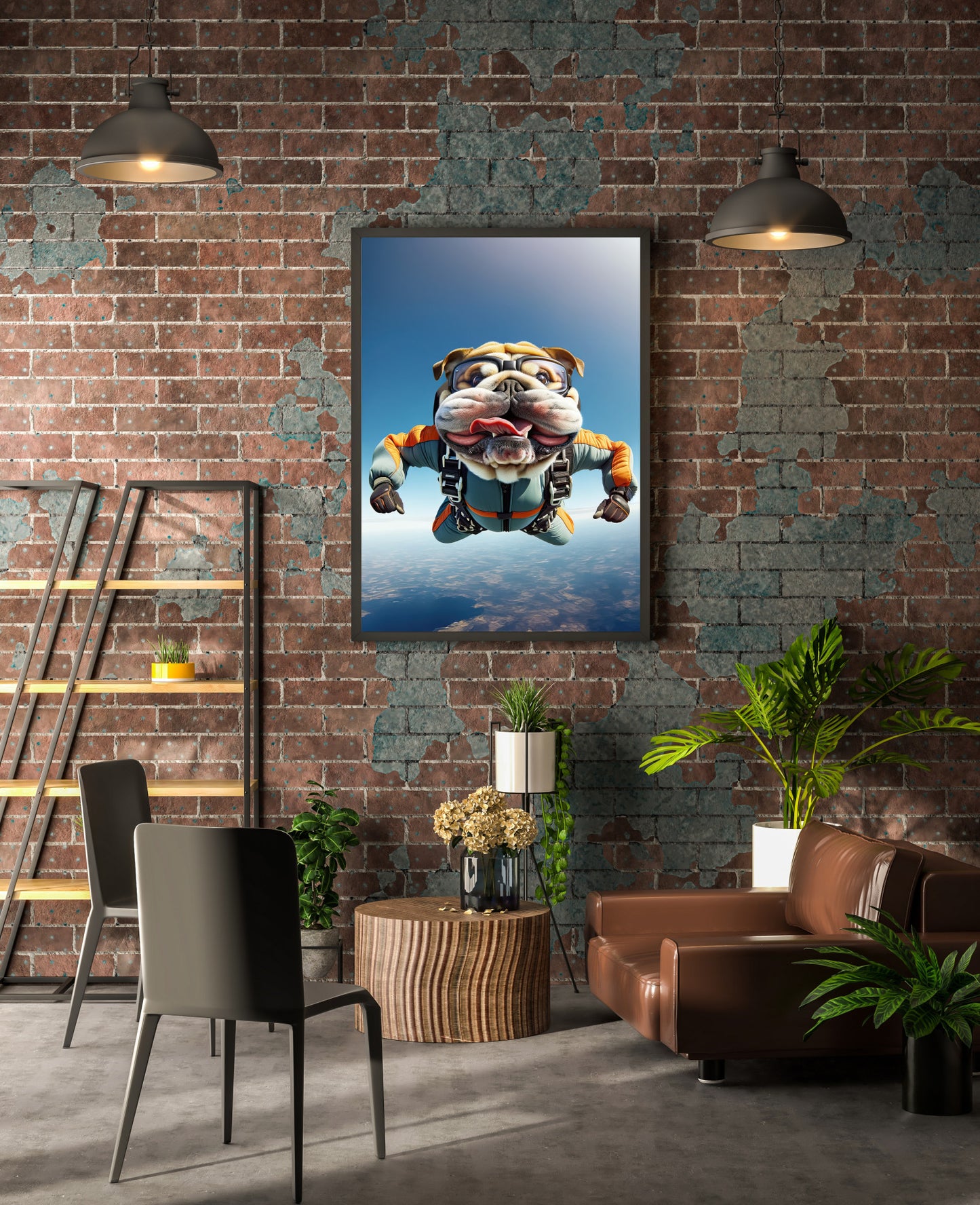 Affiche mural Bulldog Anglais en chute libre, Poster Saut en Parachute, Décor Animal Skydiving, Idée cadeau unique