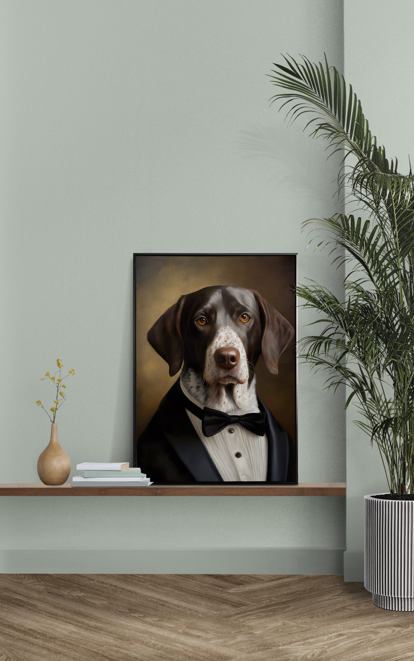 Chic Dog Poster - Short-haired Pointer in Tuxedo Portrait | Humorous Wall Art Print