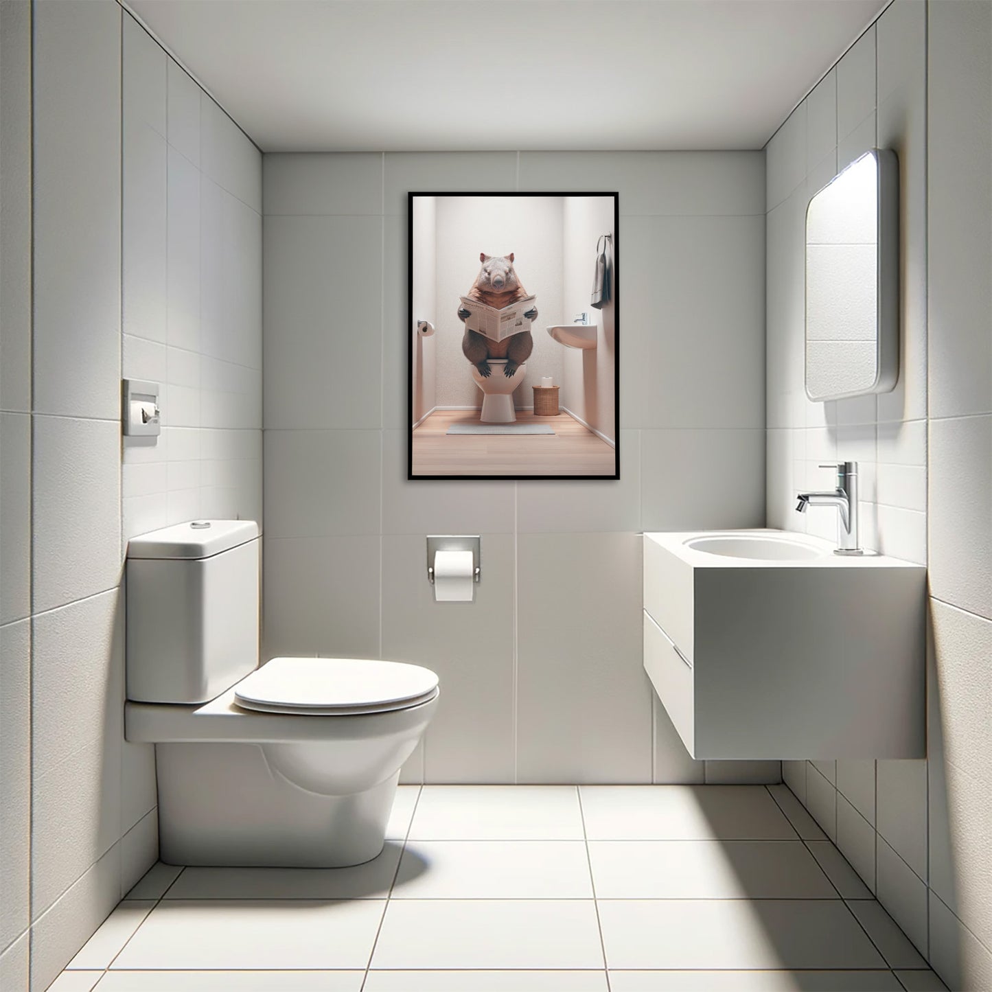 Poster d'un Wombat aux toilettes lisant le journal, Humour WC, Décoration Salle de Bain, Cadeau Amusant, Art Mural Original