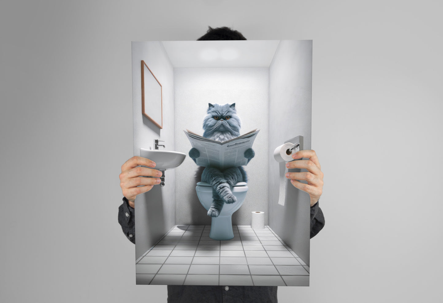 Funny Blue Persian Cat Bathroom Poster - Humorous Wall Art, Toilet Decor, Perfect Gag Gift for Cat Lovers