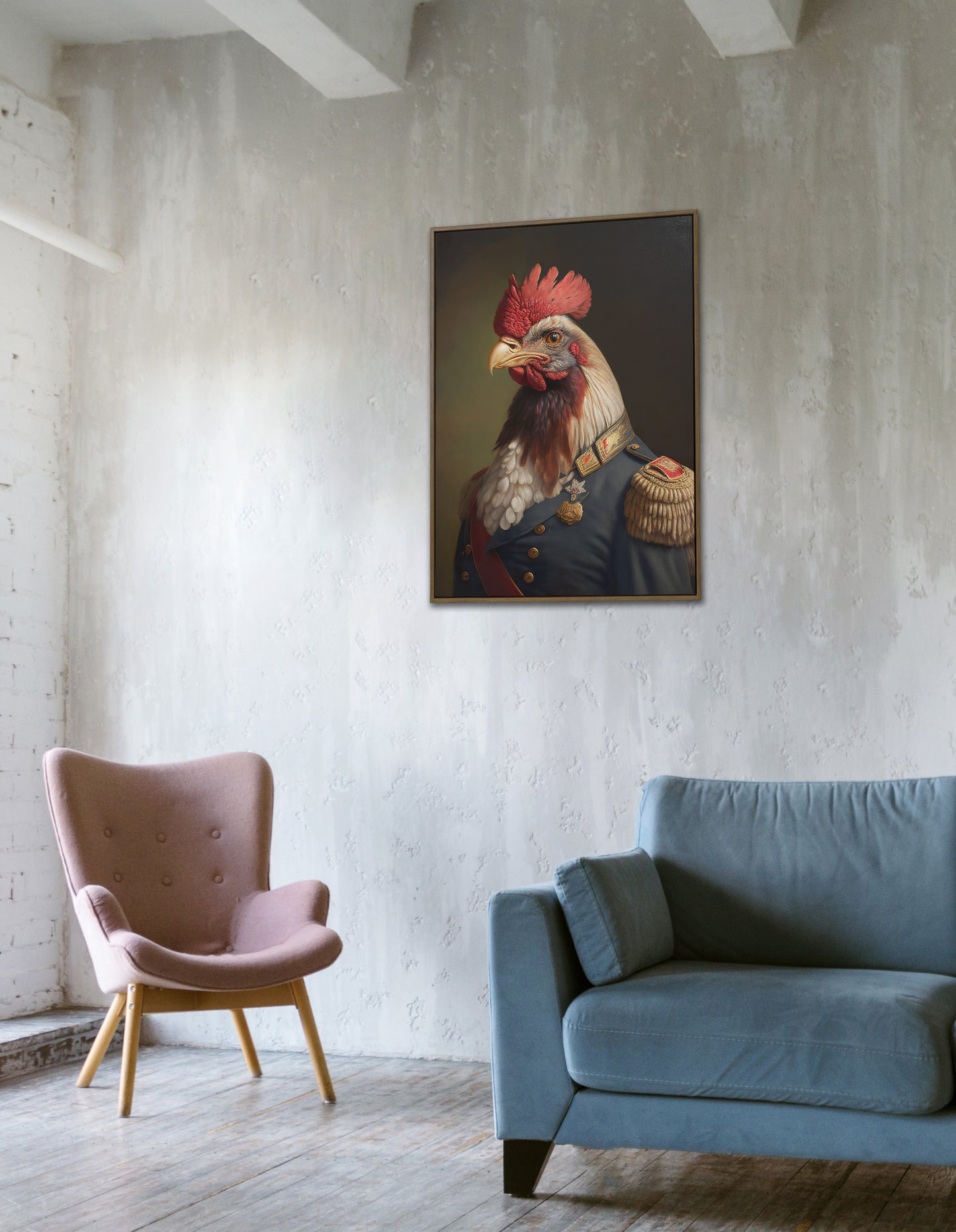 Heroic Rooster in Military Uniform Poster - Unique Animal Wall Art, Framed Poultry Decor, Perfect for Home & Office