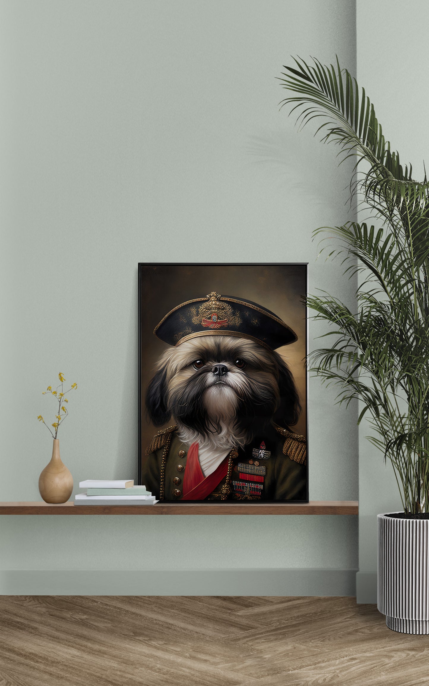 Poster Portrait Shih-tzu en Uniforme Militaire | Art Mural Chien Drôle et Héroïque | Décoration Murale Officielle