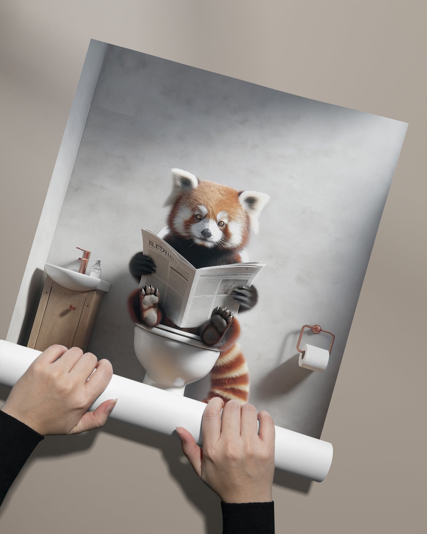 Red Panda Reading Newspaper - Funny Bathroom Wall Art Poster | Unique WC Toilet Decor | Perfect Funny Gift