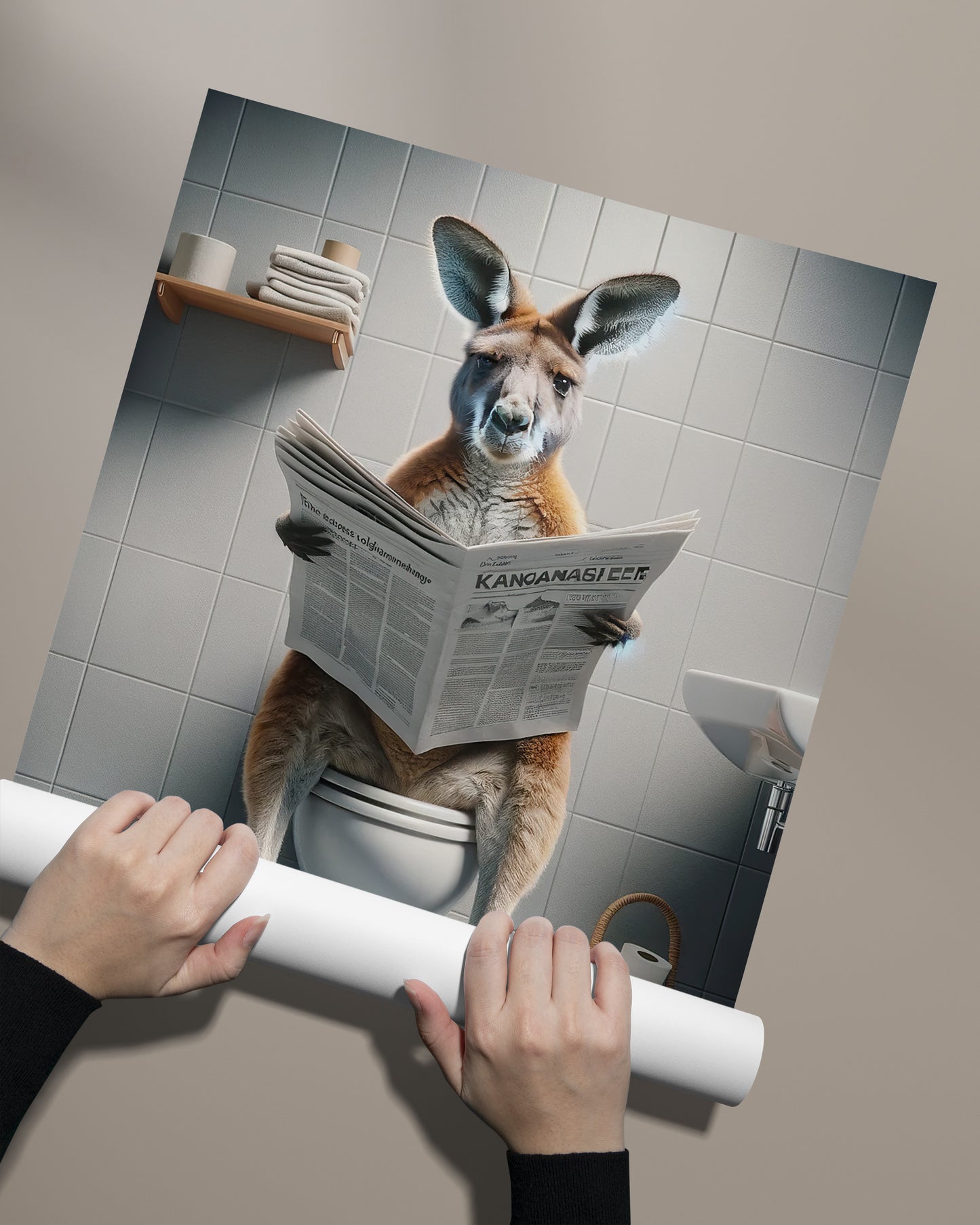 Funny Kangaroo Reading Newspaper Toilet Poster - Unique Bathroom Wall Art Decor - Hilarious WC Gift