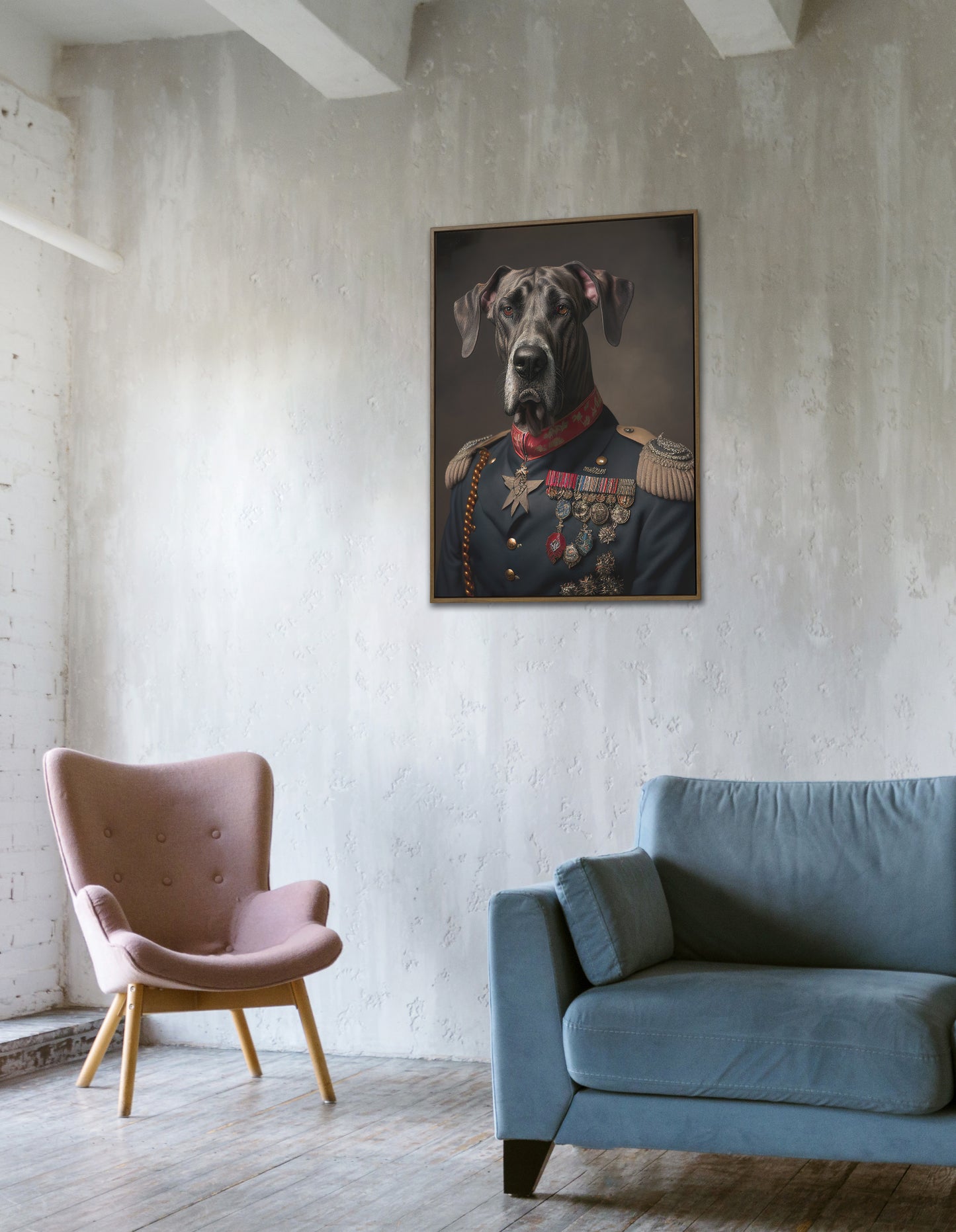 Poster de Grand Danois en Uniforme Militaire - Décoration Murale Animaux, Affiche Chien Dogue Allemand