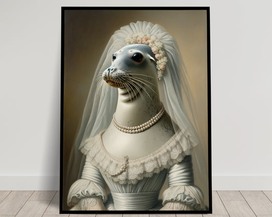 Affiche Animaux: Portrait d'un Phoque en Robe de Mariée - Poster Décoratif Humour Mariage, Cadre Mural