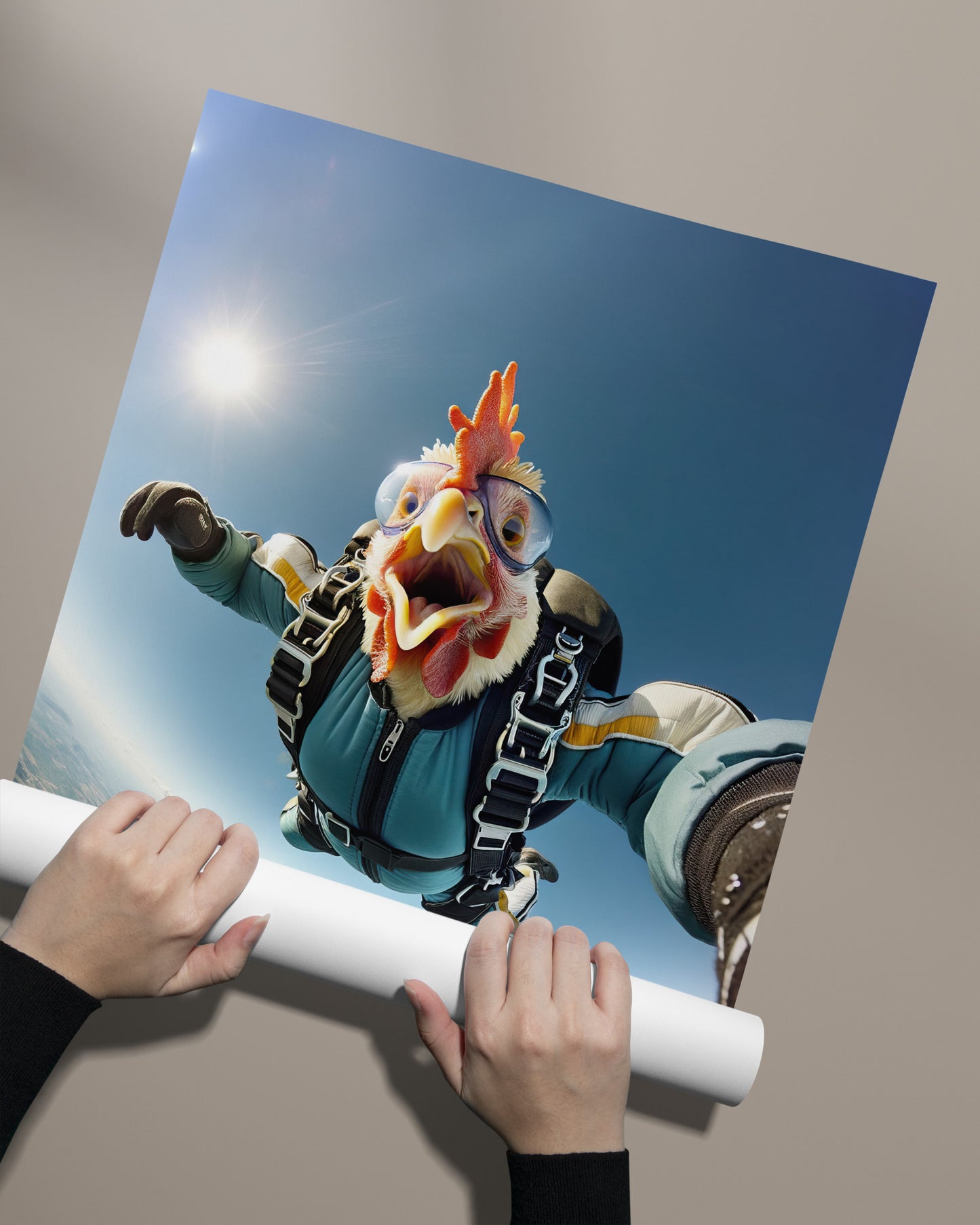 Epic Skydiving Chicken Poster – Unique Animal Print Wall Art for Extreme Sport Fans & Animal Lovers Decor