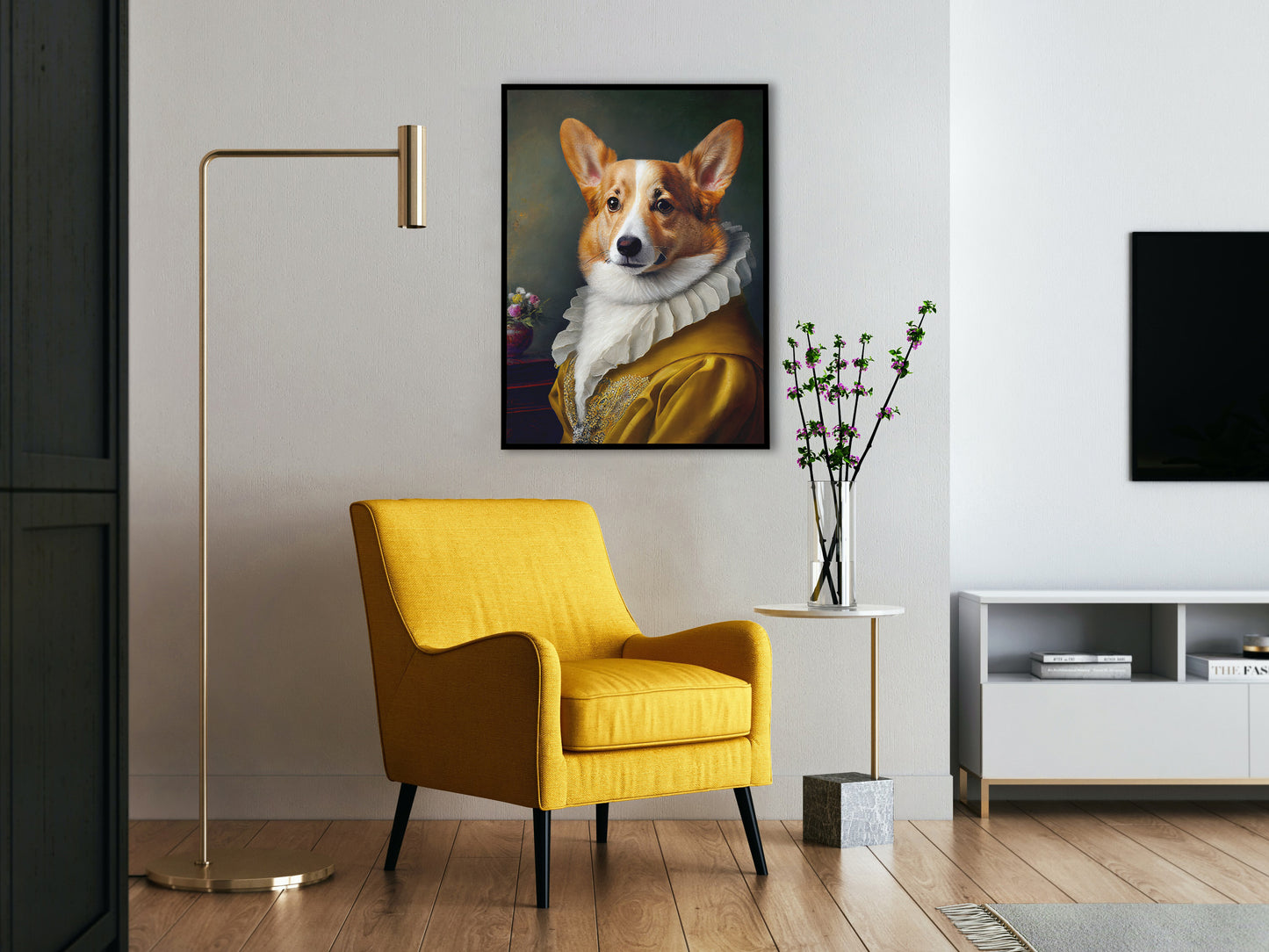 Poster chien baroque - Portrait noble de Corgi, illustration élégante pour décoration murale, art mural animaux