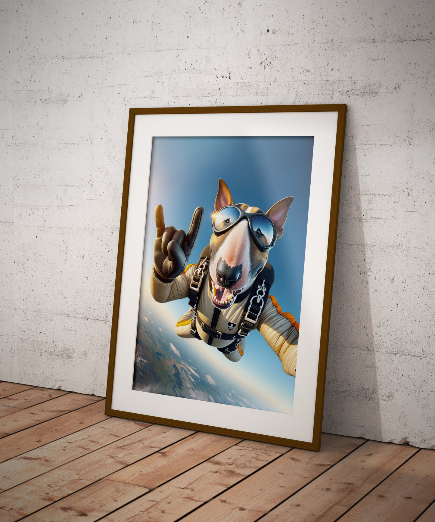 Epic Free Fall Bull Terrier Poster - Unique Skydiving Animal Print Wall Art for Extreme Sports Lovers Decor