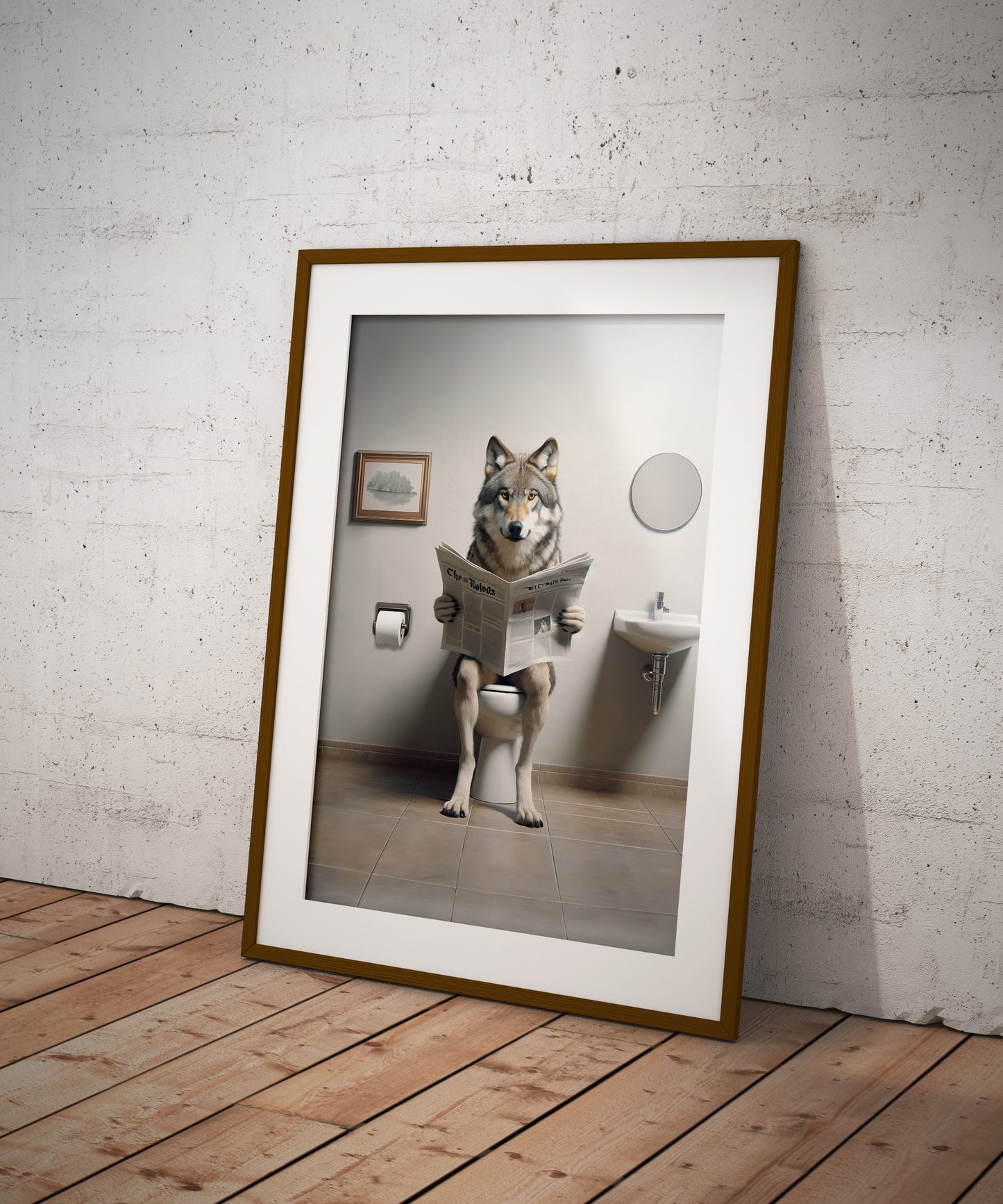 Wolf Reading Newspaper Toilet Poster - Funny Bathroom Decor | Unique Wall Art Gift for WC