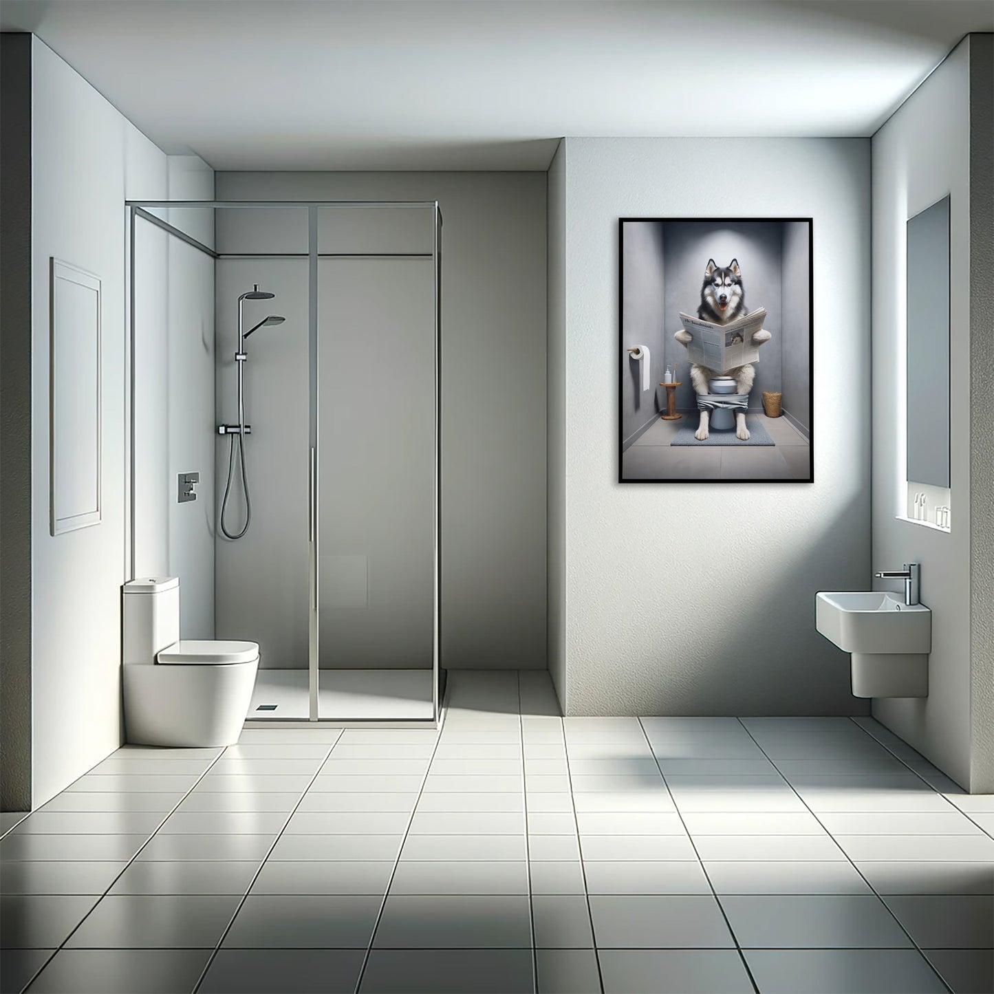 Poster Humoristique Husky lisant le Journal, Déco WC, Cadre Salle de Bain, Idée Cadeau Amusante