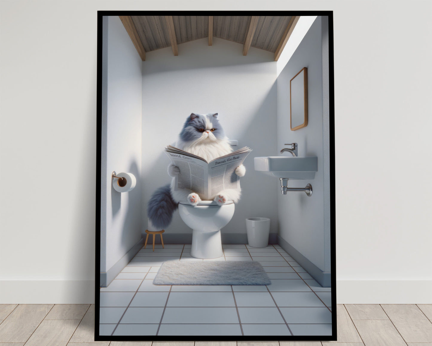 Blue and White Persian Cat Toilet Poster - Bathroom Wall Art Decor | Cat Lover Gag Gift | Funny WC Poster