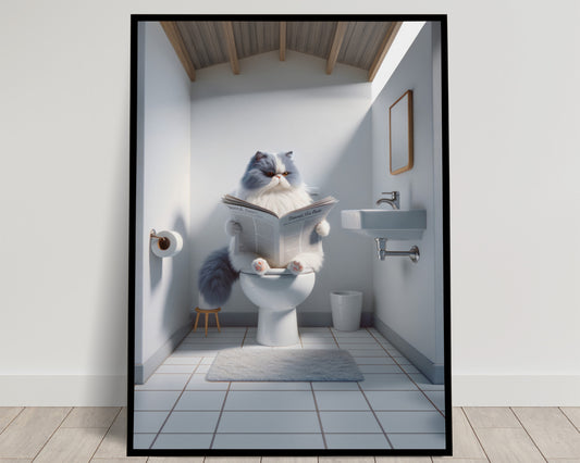 Affiche murale Chat Persan Bleu et Blanc, Lecture Humour Toilettes, Décor WC & Salle de bain, Cadeau Original.