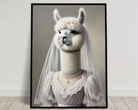 Alpaca Bride Poster - Funny Animal Wall Art for Unique Home Decor | Wedding Dress Portrait Print