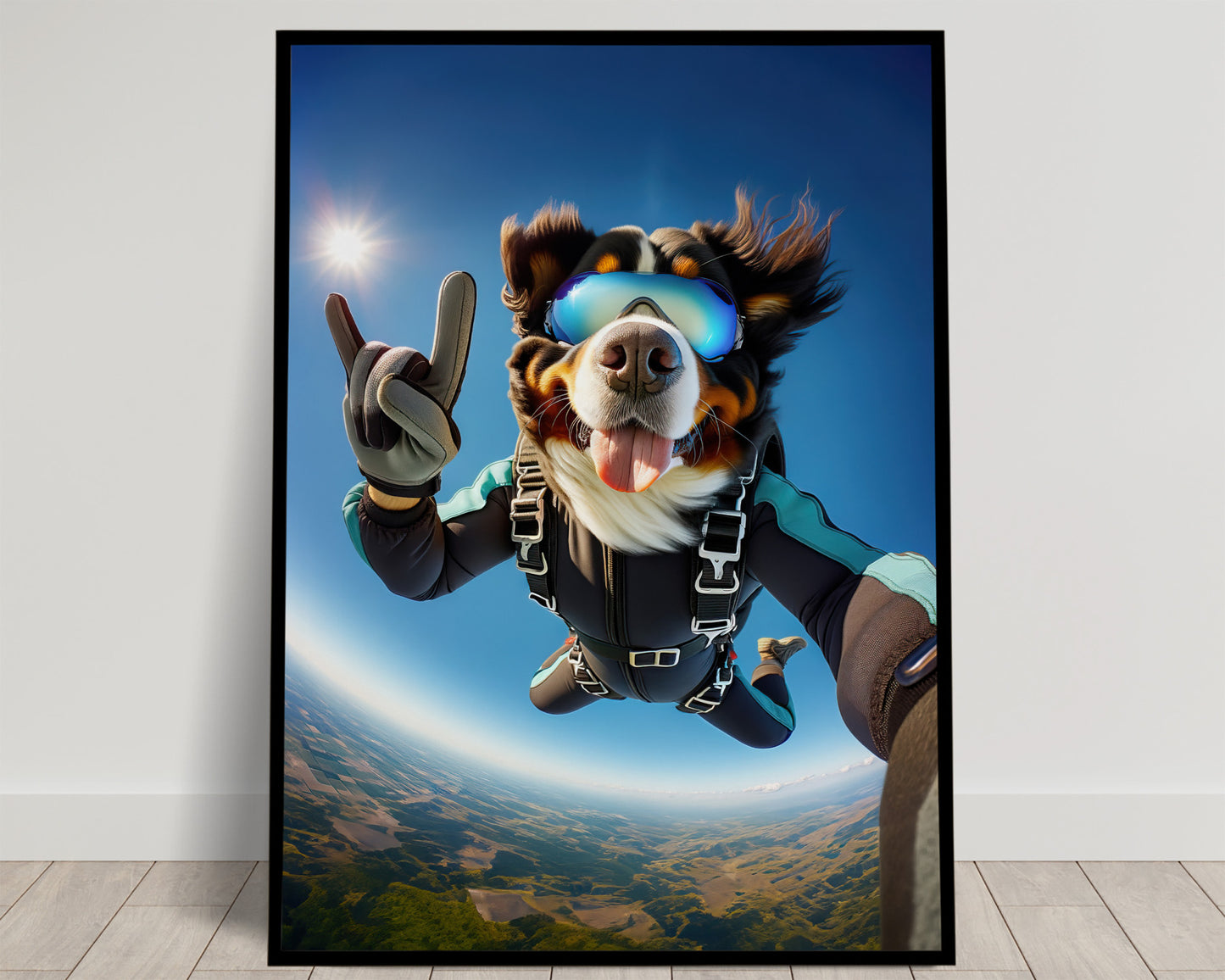 Affiche Murale Bouvier Bernois en Chute Libre, Poster Chien Skydiving, Décor Sport Extrême, Idée Cadeau Unique