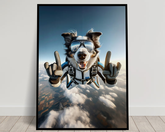 Affiche murale Border Collie en chute libre - Poster chien skydiving - Décor sport extrême - Idée cadeau unique