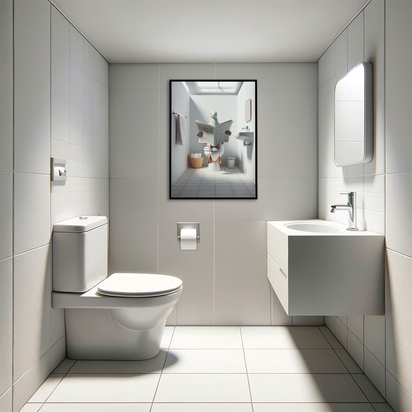 Seagull Reading Newspaper Toilet Poster - Funny Bathroom Wall Art Decor, Unique Gag Gift for WC