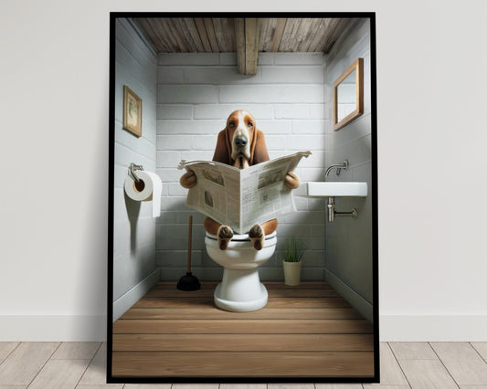 Poster Humoristique Basset Hound lisant le Journal sur les Toilettes – Décoration WC et Salle de Bain, Cadeau Amusant