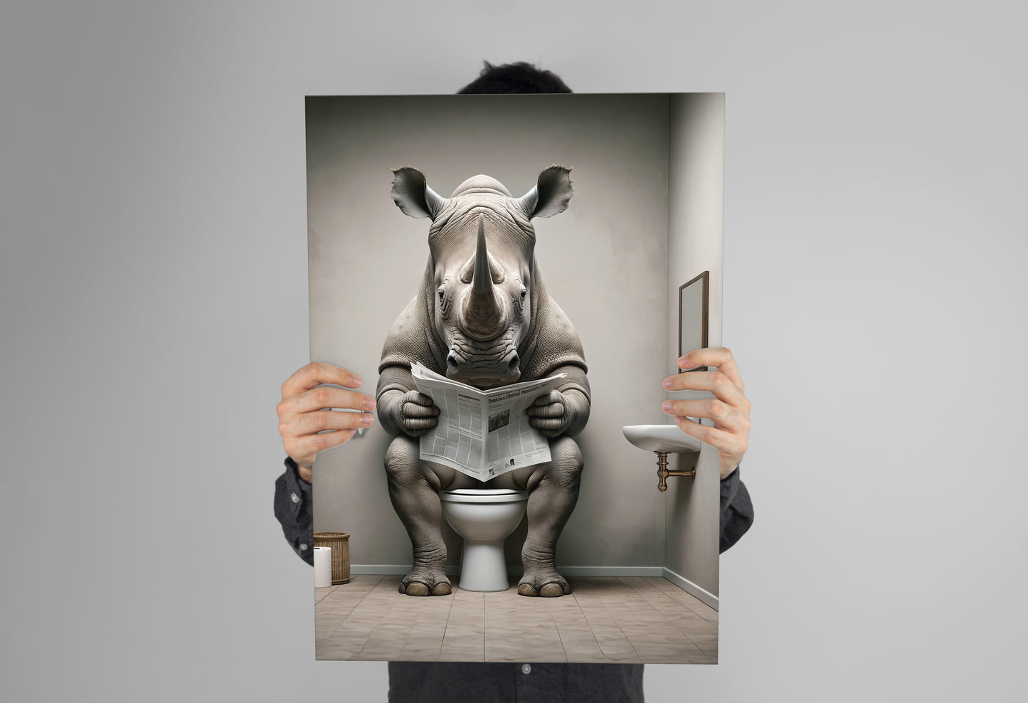 Rhino Reading Newspaper Toilet Poster - Humorous Bathroom Wall Art, Unique WC Decor, Funny Gift Idea