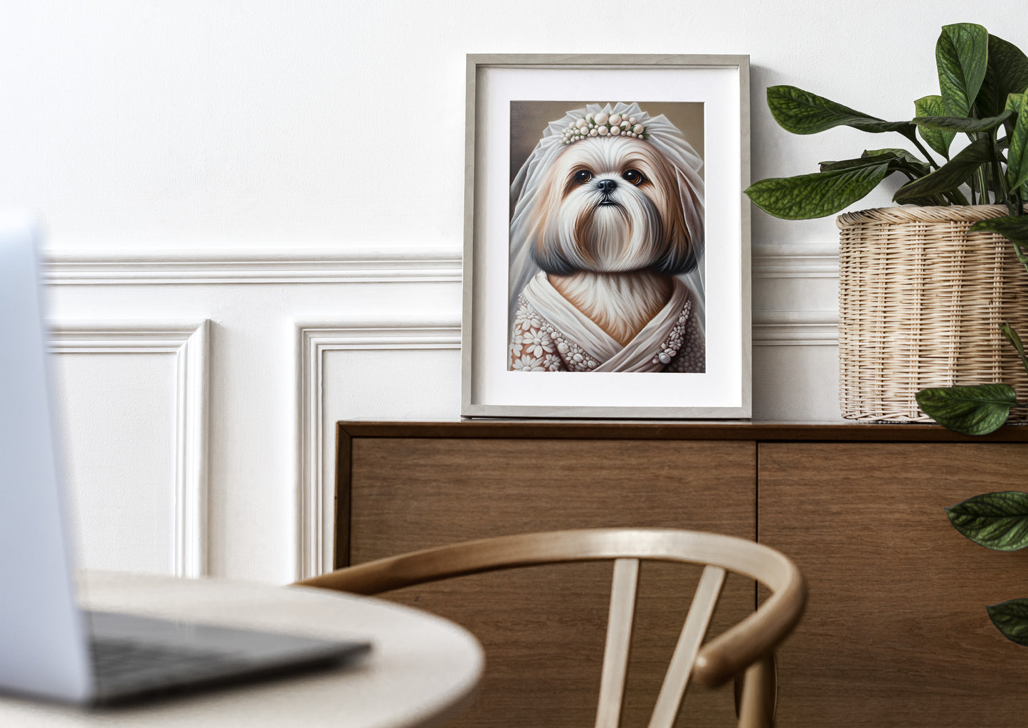 Poster Chiot Shih Tzu en Robe de Mariée | Déco Murale Animaux | Affiche Mariage Humoristique