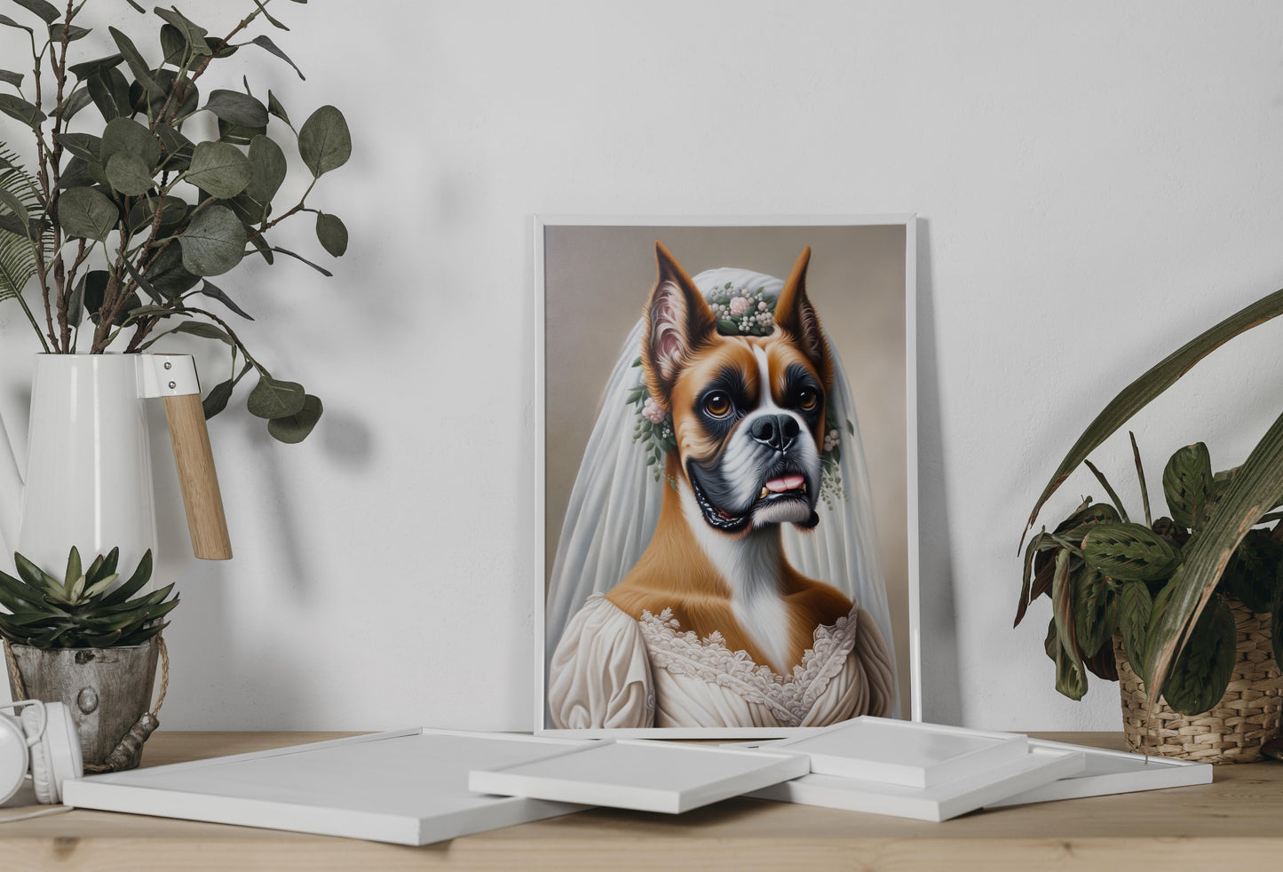 "Funny Boxer Dog in Wedding Dress Poster – Unique Animal Wall Art Decor – Bride Themed Gift"