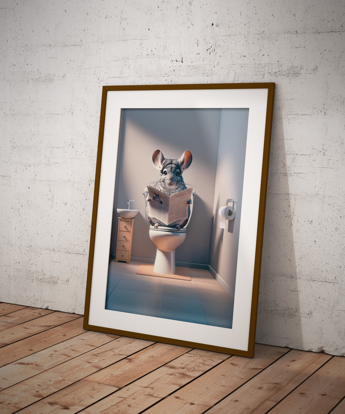 Poster Chinchilla lisant le journal aux toilettes, Décoration Humour WC, Salle de bain, Cadeau Fun, Art mural Toilettes