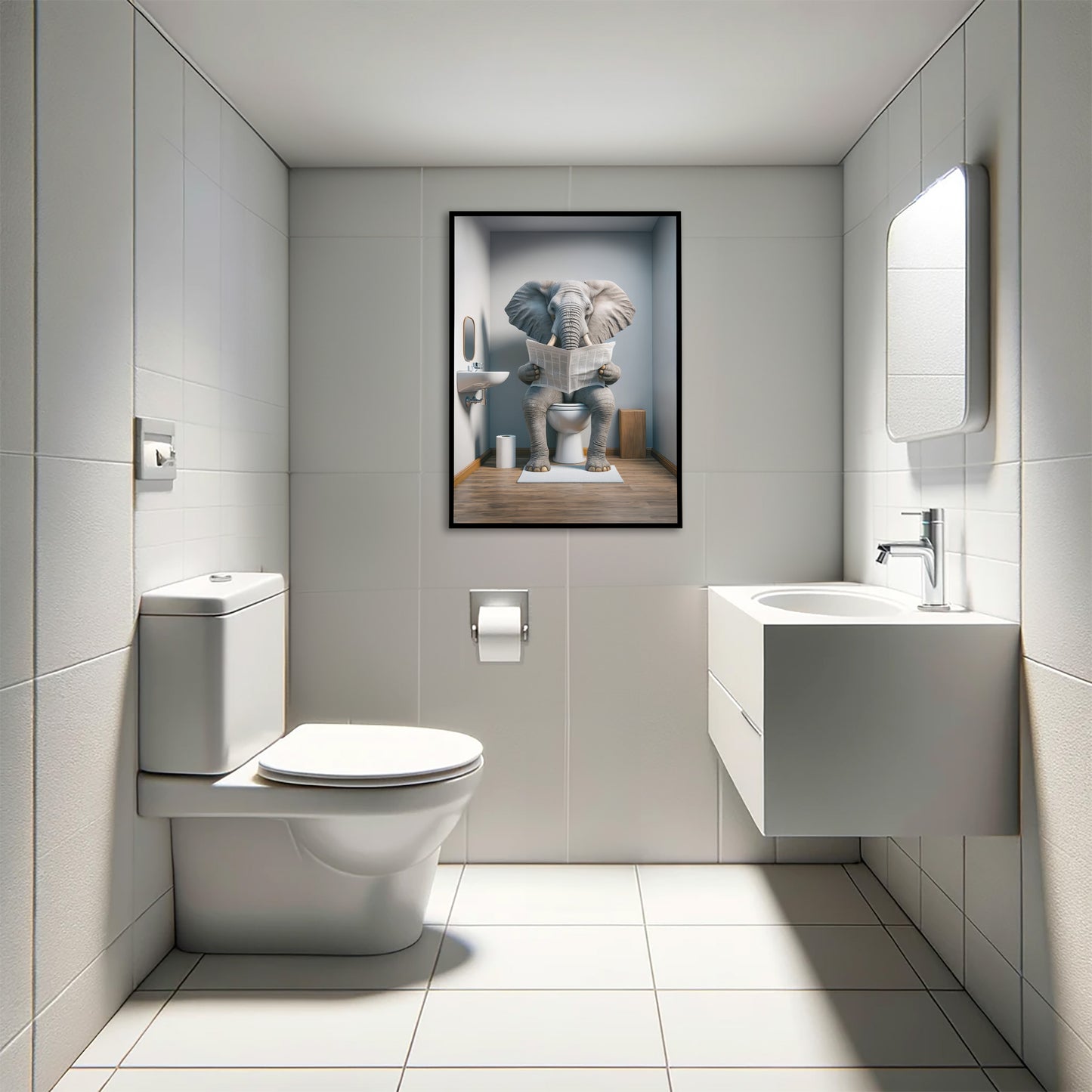 Elephant Reading Newspaper Toilet Poster - Funny Bathroom Wall Art - Unique WC Decor Gift