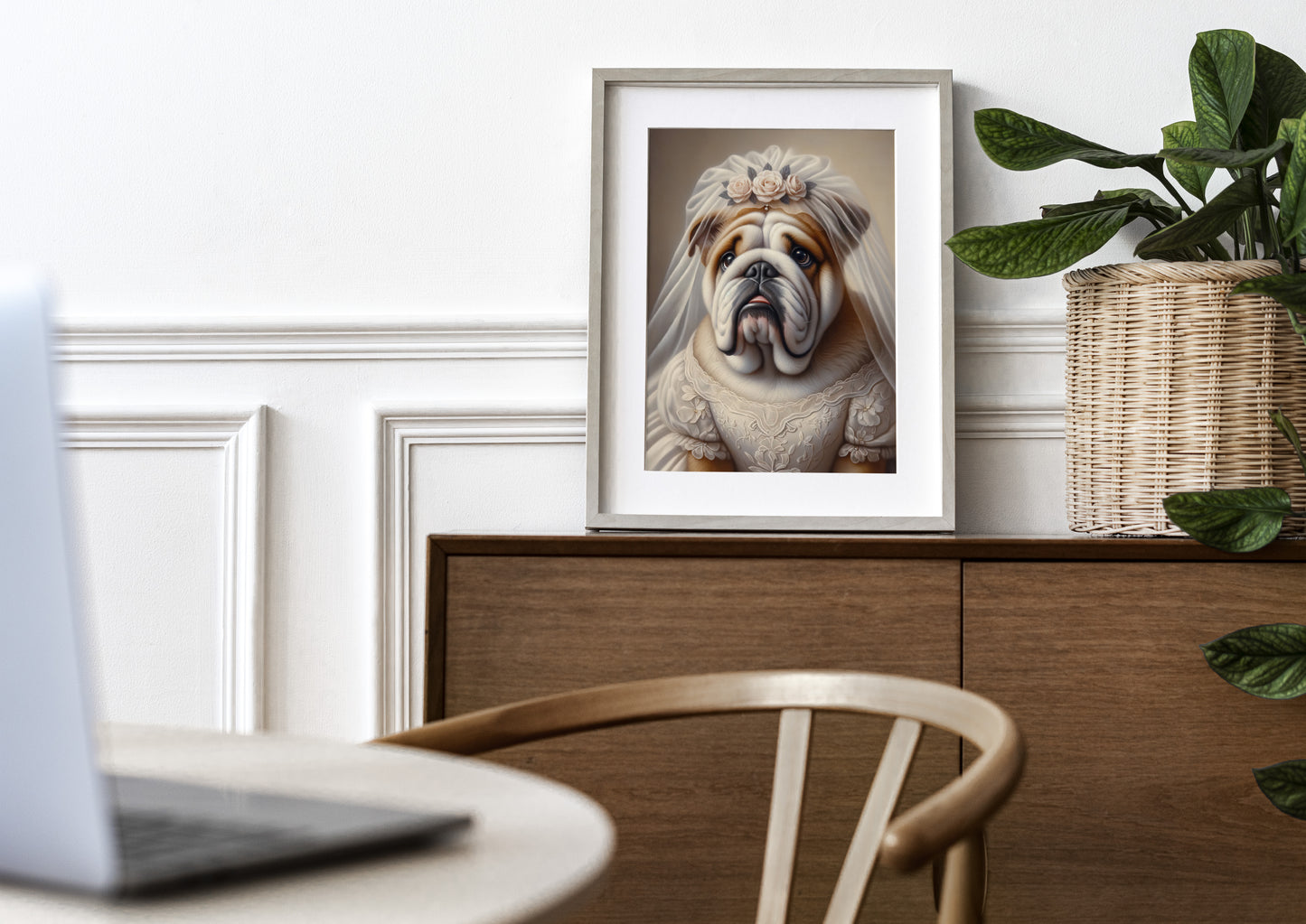 "English Bulldog Portrait in Wedding Dress - Funny Animal Wall Art Poster - Unique Dog-Themed Home Decor Gift"