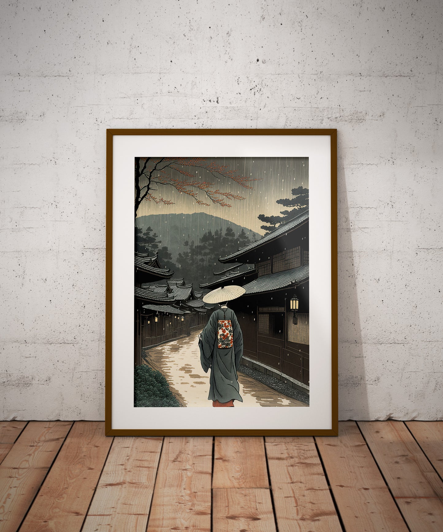 Japanese Village Rain Poster - Authentic Japanese Art Style Illustration, Perfect for Framing, Wall Decor