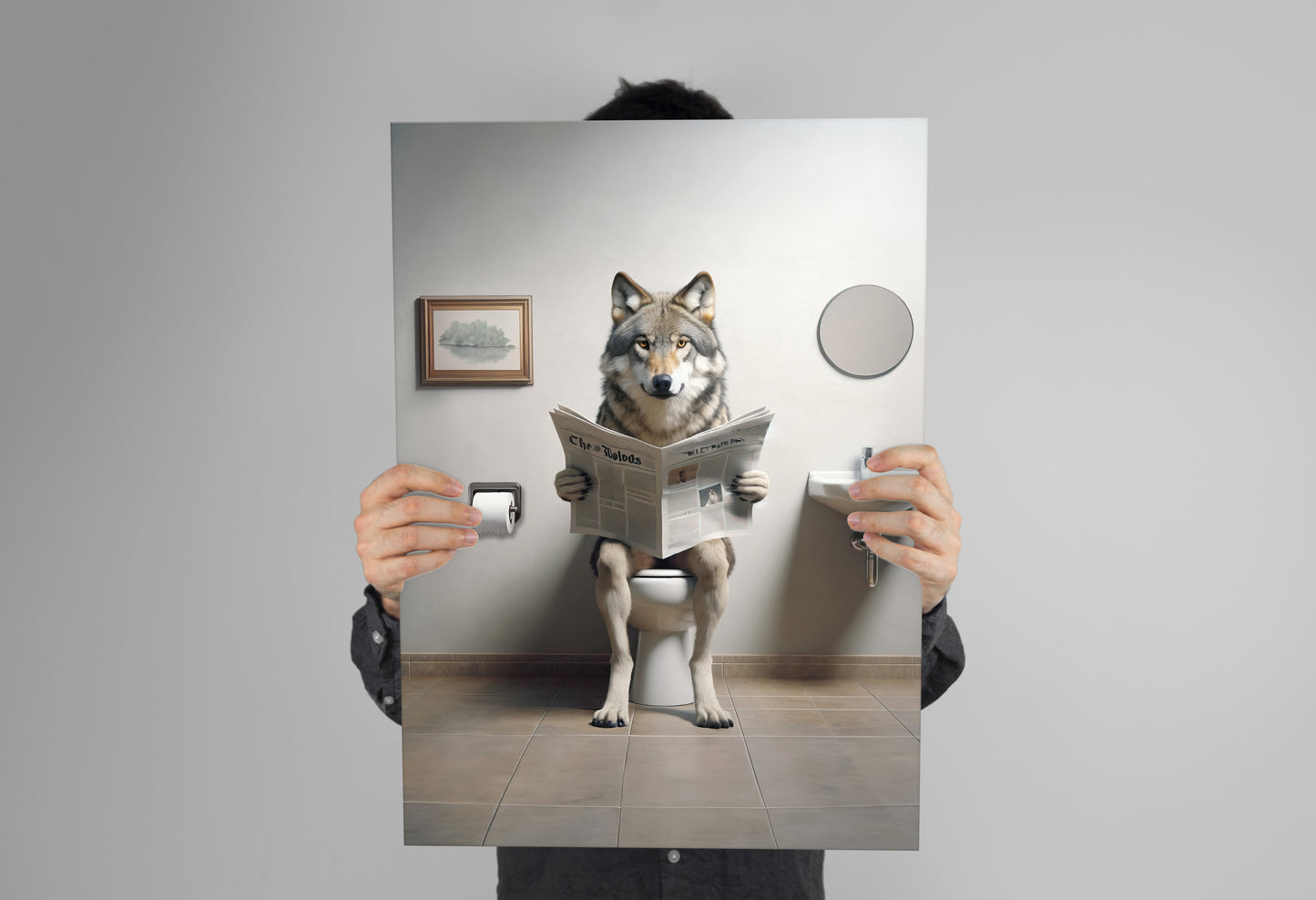 Wolf Reading Newspaper Toilet Poster - Funny Bathroom Decor | Unique Wall Art Gift for WC