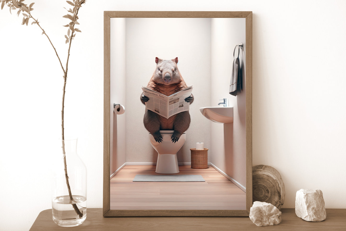 Poster d'un Wombat aux toilettes lisant le journal, Humour WC, Décoration Salle de Bain, Cadeau Amusant, Art Mural Original