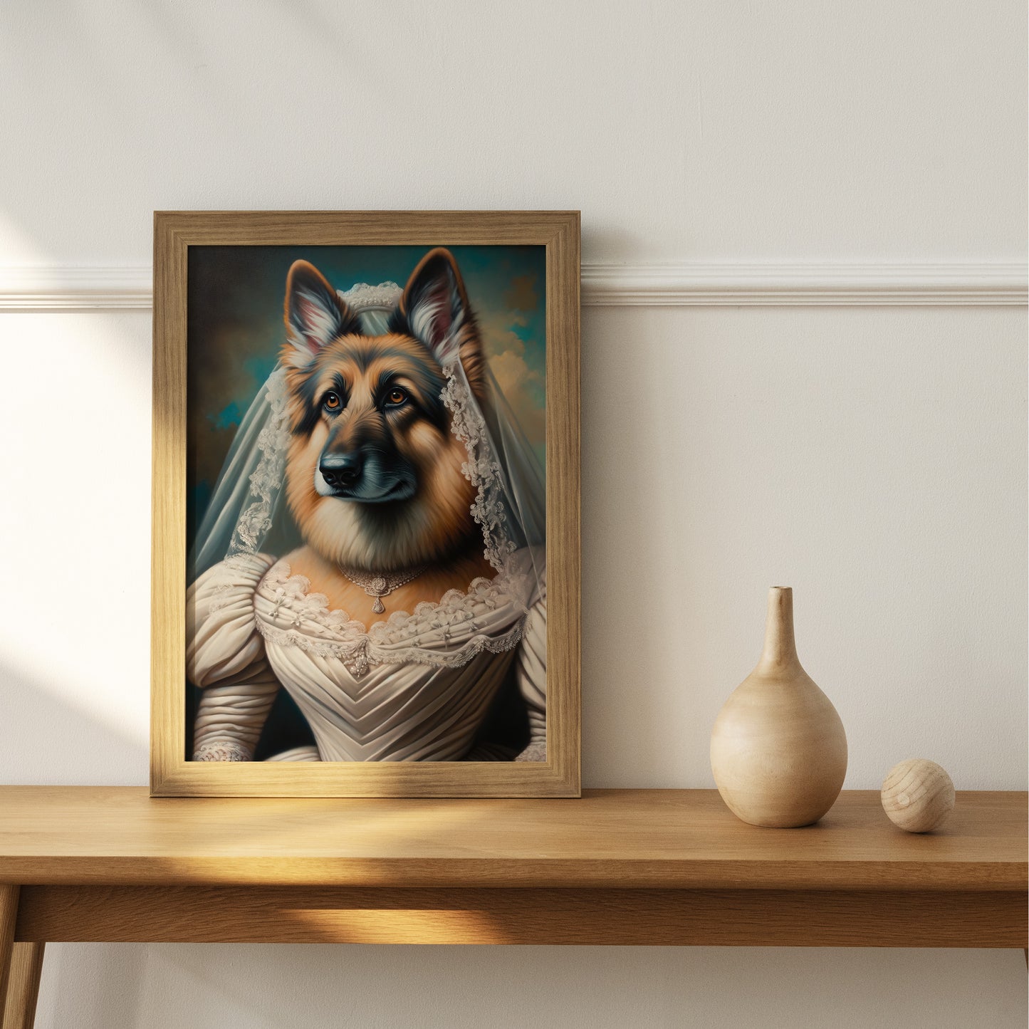 German Shepherd Wearing Wedding Dress Poster – Unique Animal Wall Art, Bride Decor, Perfect Gift for Dog Lovers