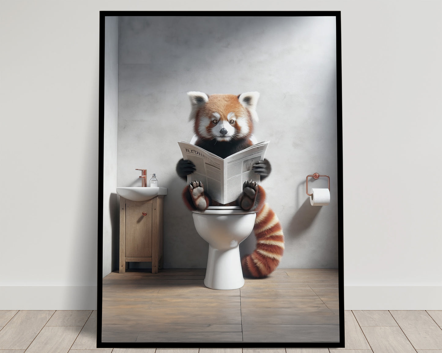 Red Panda Reading Newspaper - Funny Bathroom Wall Art Poster | Unique WC Toilet Decor | Perfect Funny Gift