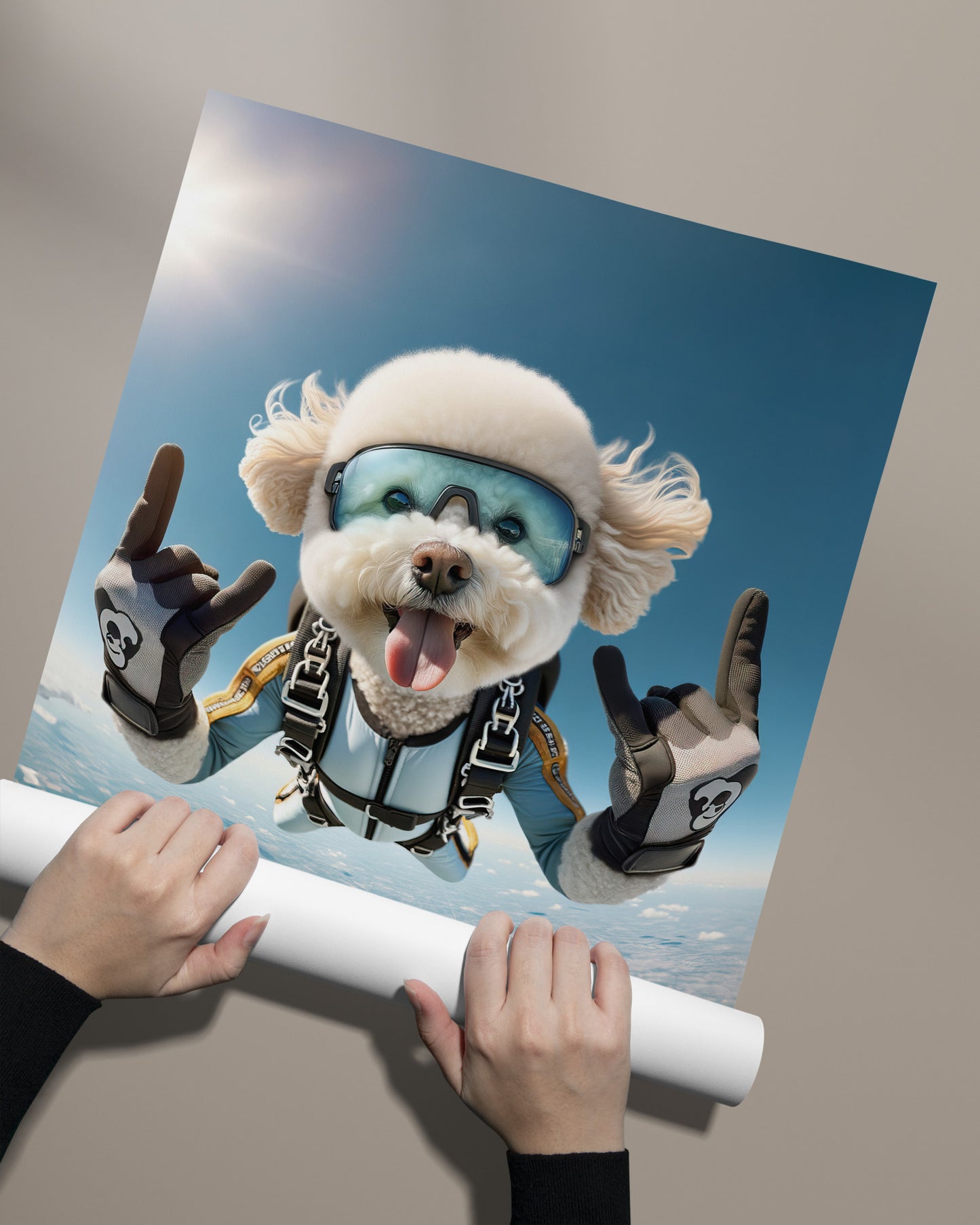 Affiche d'un Bichon Frisé en chute libre - Poster Chien Skydiving, Décor Sport Extrême, Idée Cadeau Originale